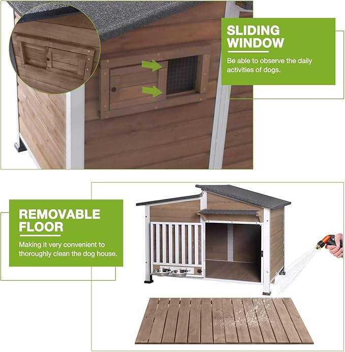 Heated Dog House Outdoor, Insulated Dog Kennel with Heating Pad for Winter, Weatherproof Dog Shelter with Anti-Chewing Metal Frame and Bowls for Small Medium Large Dogs (Light Brown
