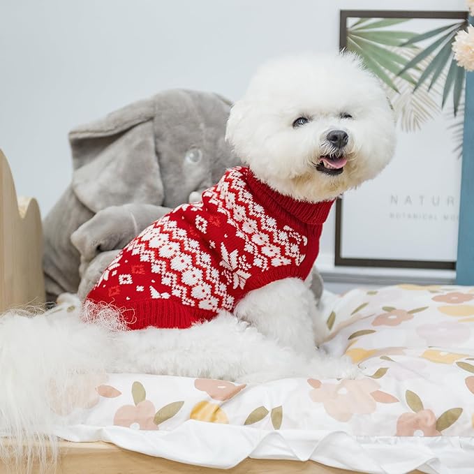 KOOLTAIL Cable Knit Dog Sweater Turtleneck, Cold Weather Pullover Classic Knitwear, Snowflake Pattern Thick Warm Winter Pet Clothes, Dog Christmas Sweater for Small Medium Large Dogs, Red M