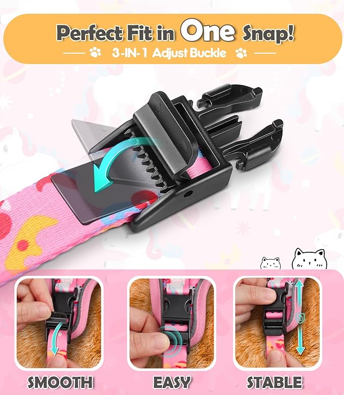 Halypet Cat Harness and Leash Set[MAX Safety 4th-Gen] Cute Escape Proof Vest Harness for Girl&Boy Cat Walking, Comfortable Adjustable Leash and Reflective Strips for Outdoor Kitten, M Pink Unicorn