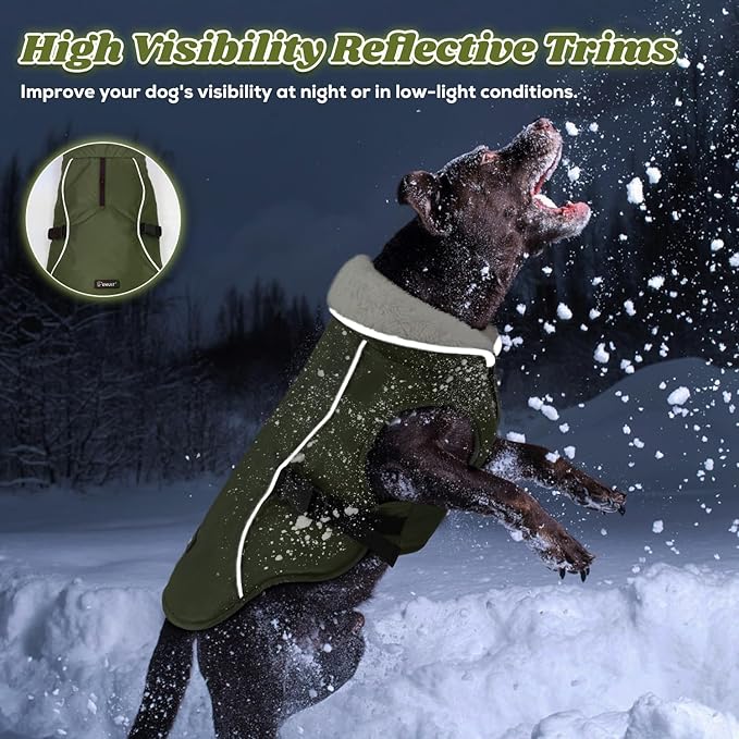 EMUST Dog Coat Winter, Waterproof Pet Snow Jacket for Winter, Adjustable Small/Medium/Large Dog Coat, Green, L