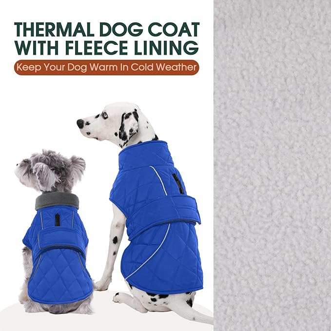 Kuoser Dog Coat, Extra Warm Dog Jacket Windproof Dogs Cold Weather Coats for Large Dogs, Fleece Lining Turtleneck Puppy Snowsuit Reflective Adjustable Pet Winter Clothes Christmas, Blue 2XL