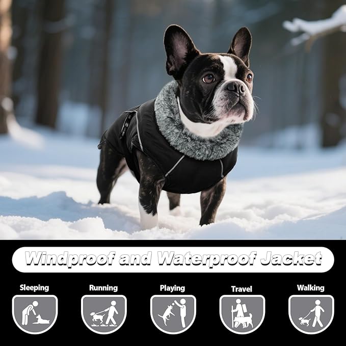 DENTRUN Extra Large Warm Dog Jacket - Windproof Water Repellent Reflective Coat, Adjustable Plush Turtleneck, Easy Wear Fleece Lined Cold Weather Vest for Great Dane, Black, XXXL