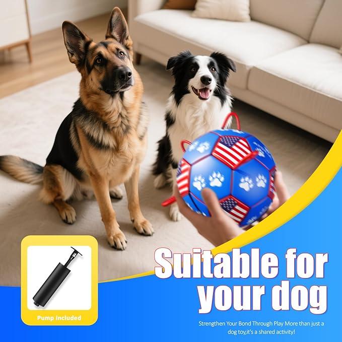 Size 2 Dog Soccer Ball with Straps Durable Training Ball for Pets Interactive Outdoor Dog Toy, Blue & Red, Paw Prints Flag Design, for Small to Medium Puppies, Pet Supplies