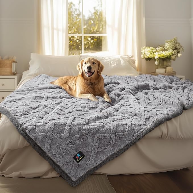 Waterproof Pet Blanket, Liquid Pee Proof Dog Blanket for Sofa Bed Couch, Reversible Sherpa Fleece Furniture Protector Cover for Small Medium Large Dogs Cats, Light Grey Queen Size（90" x 82"）