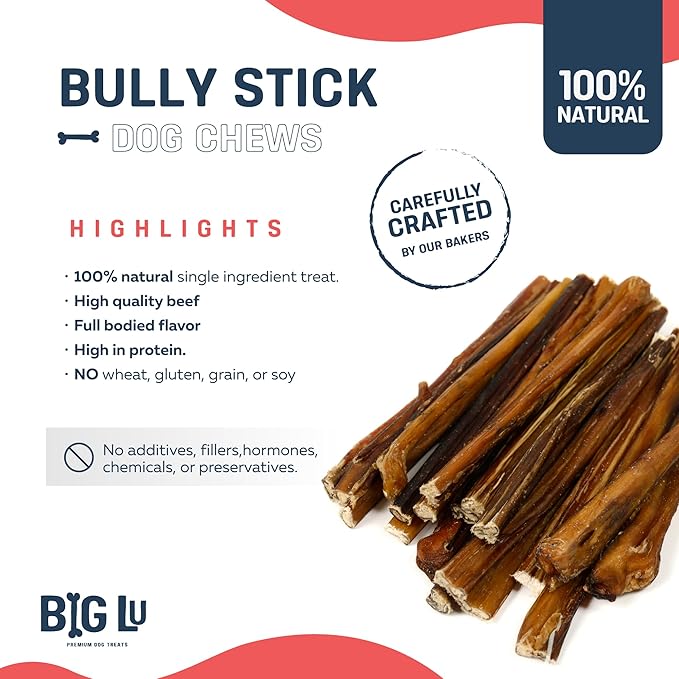 Big Lu - 6” Regular Bully Sticks, 12 Count, 100% Grass-Fed Beef Chews, Fully Digestible, Long-Lasting Treats for Aggressive Chewers, Natural Single-Ingredient Chews for All Dog Breeds