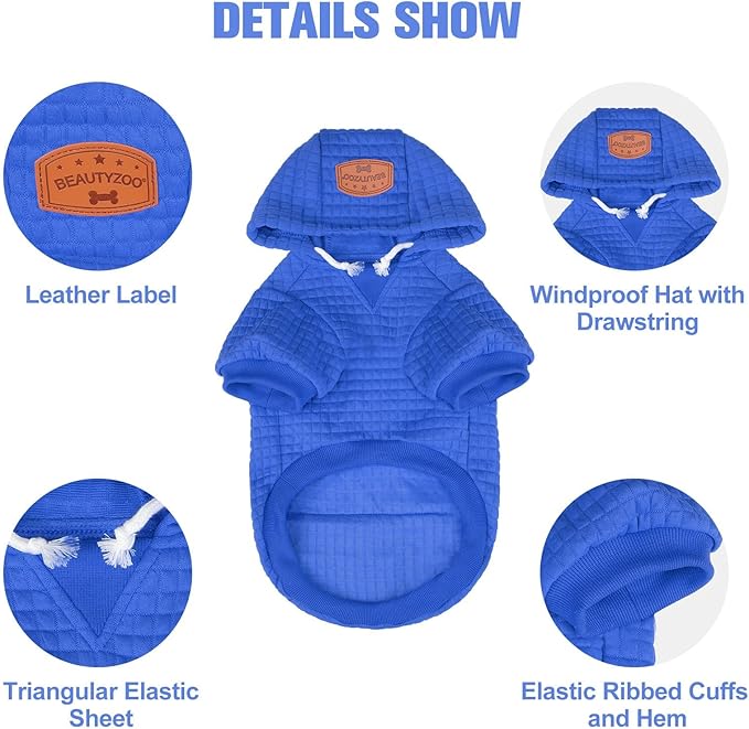 BEAUTYZOO Small Dog Hoodie Sweater with Pockets, Dog Clothes for Small Medium Dogs Boy Girl, Waffle-like Laminated Cotton Pet Coats with Hat and Leash Hole, All Weather Coat for Puppy Doggie Chihuahua
