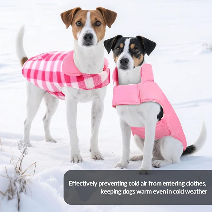 ASENKU Dog Winter Coat, Fleece Doggie Jacket Plaid Reversible Vest Waterproof Windproof Cold Weather Clothes for Small Medium Large Dogs (Pink, XL)