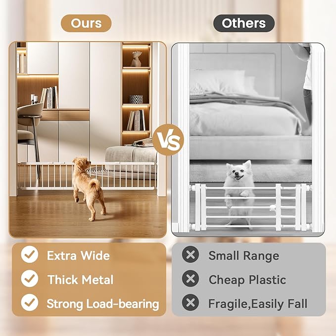 Dog Gate - 18"-45" Adjustable Extra Wide Metal Baby Gate to Step Over, 10" Tall Small Pet Gate with 3 Extension Kits, Pressure Mounted for Doorways & Stairs