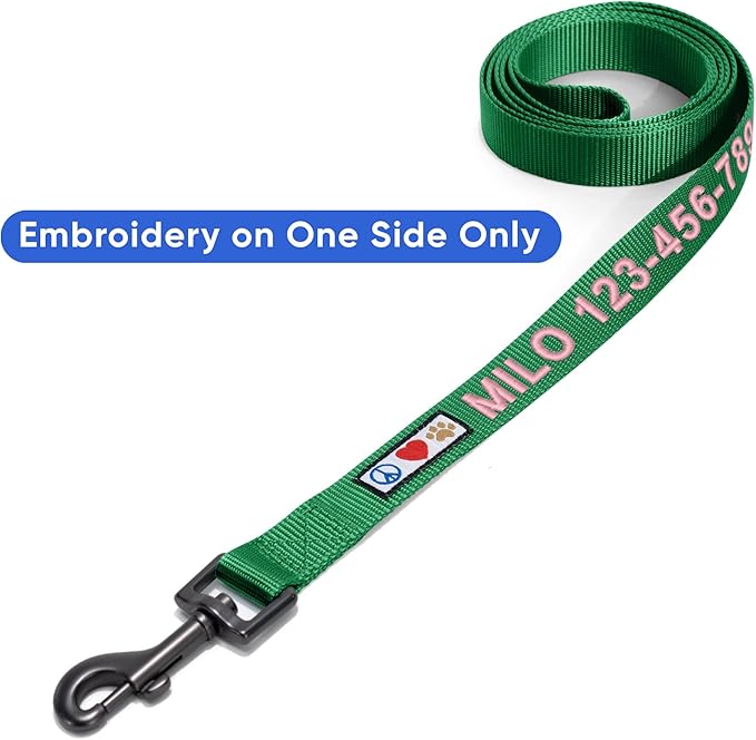 Pawtitas Personalized Dog Leash - Embroidered Custom Leash with Pet Name & Phone Number, 6 ft Long, Medium & Large Sizes, Lush Green Custom Engraved Name