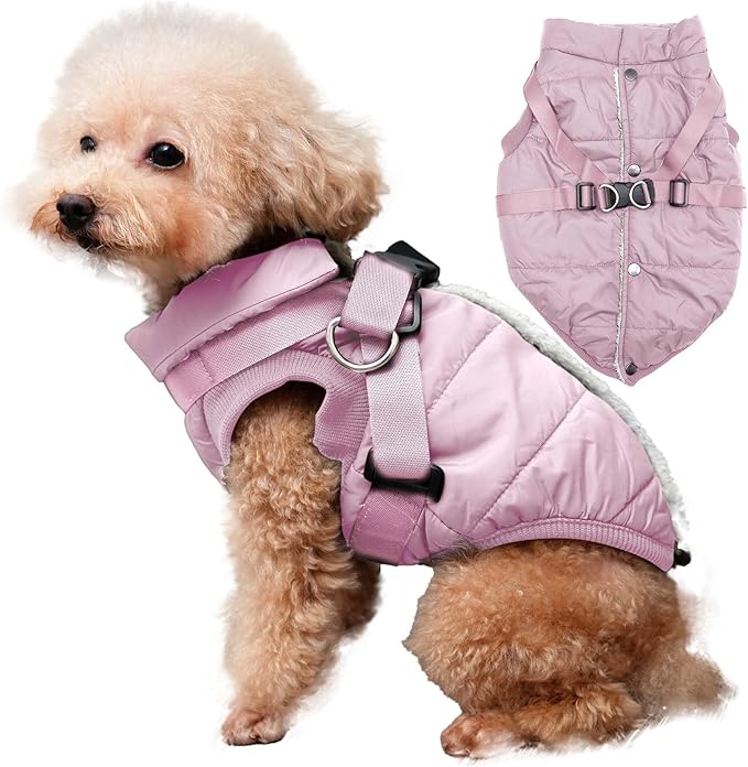 Dog Jacket with Harness,Fleece Lined Warm Puppy Coat for Winter,Soft Windproof Small Dog Vest,Light Pink S
