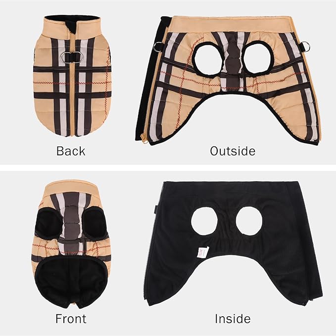 SCENEREAL Winter Dog Vest Coat with Harness Built in, Warm Puppy Jacket for Small Medium Dogs, Cold Weather Coat with Zipper, Fleece Puffer Vest Windproof Snow Clothes, Beige Plaid L