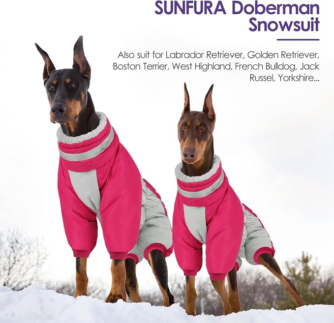 SUNFURA Full Body Dog Coat - Warm Fleece Jacket for Large Dogs, Turtleneck Winter Coats with Harness, Reflective Dog Snowsuit Windproof Puffer Jackets with Legs for Weimaraner, Hot Pink XL