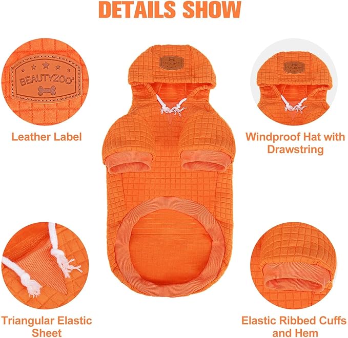 BEAUTYZOO Small Dog Hoodie Sweater with Pockets, Dog Clothes for Small Medium Dogs Boy Girl, Waffle-Like Laminated Cotton Pet Coats with Hat and Leash Hole, Orange ML