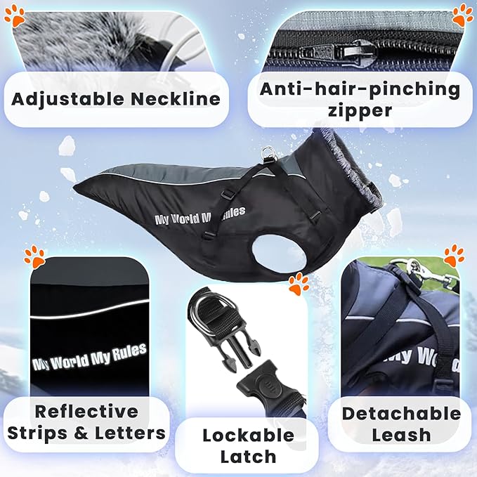 Dog Coat for Medium Large Dogs,Waterproof Reflective Dog Winter Jacket with Harness, Fleece Snowsuit,Warm Pet Winter Coat(Reflective white-5XL)