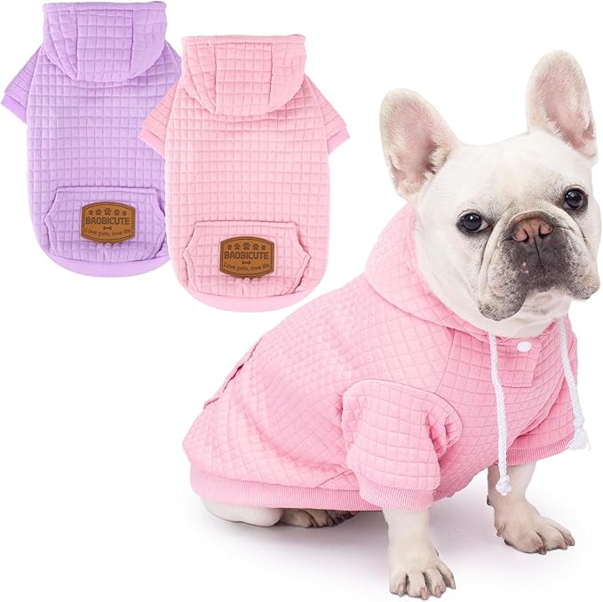 2 Pack Dog Hoodie Sweaters for Small Medium Dogs Warm Dog Clothes for Large Dogs Soft Waffle-Like Laminated Sweatshirt Bulldog (Pink+Purple, M/L (Back: 17",Chest: 24.5", Neck: 14.5"))