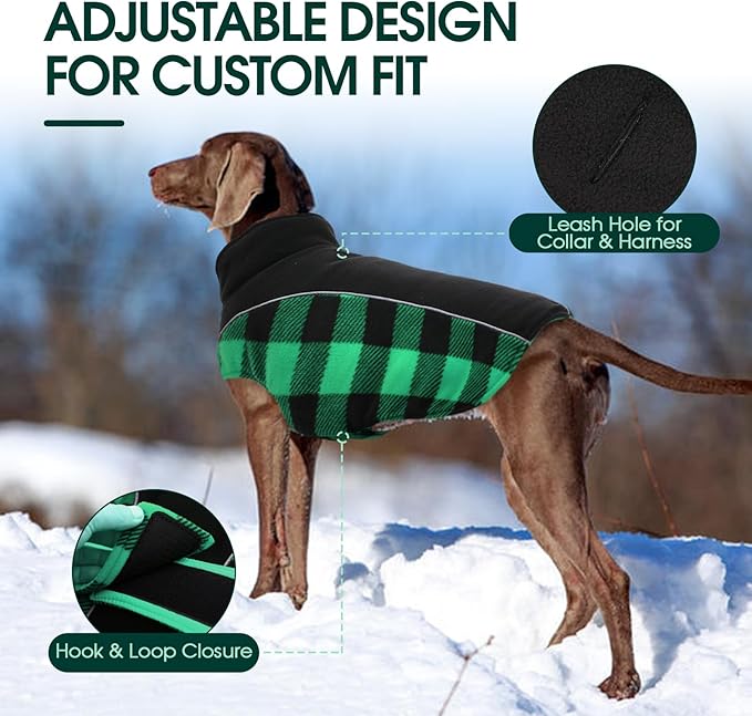 Kuoser Dog Winter Coat, Reversible Waterproof Dog Jacket with Reflective Strip, Warm Dogs Fleece Vest Adjustable Doggy Cold Weather Clothes Plaid Christmas Outfit Pet Apparel for Small Dogs, Green XS
