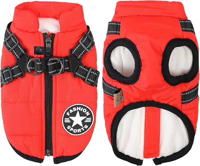 Aiboria Dog Jacket Windproof Warm Pet Fleece Coat Dog Sweater Padded Vest with Chest Strap Harness Red L