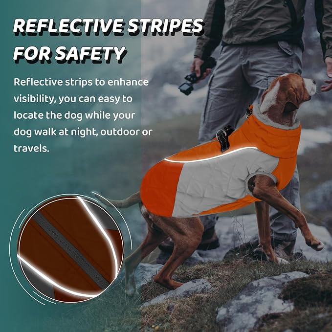 AOFITEE Dog Coat, Dog Winter Coat, Reflective Small Dogs Jacket with Harness Built in and Fleece Lined, Waterproof Pet Winter Jacket Warm Snowsuit for Small Medium Large Dogs, Orange M