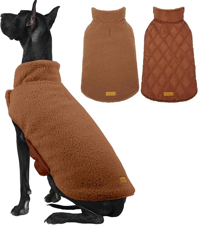 Kuoser Reversible Dog Coat – Warm Fleece & Quilted Waterproof Dog Jacket, Double-Sided Cold Weather Dogs Winter Coat with Harness Hole, Windproof Pet Snow Vest for Small Medium Large Dogs, Brown 3XL