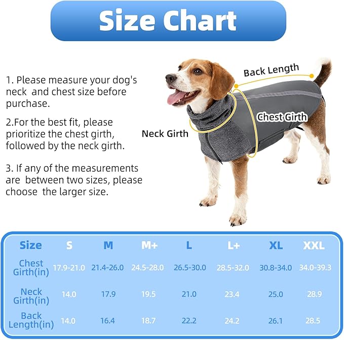 SlowTon Winter Dog Coat, Warm Polar Fleece Lining Doggie Outdoor Jacket with Turtleneck Scarf Reflective Stripe Adjustable Waterproof Windproof Puppy Vest Soft Pet Outfits (M+,Grey)