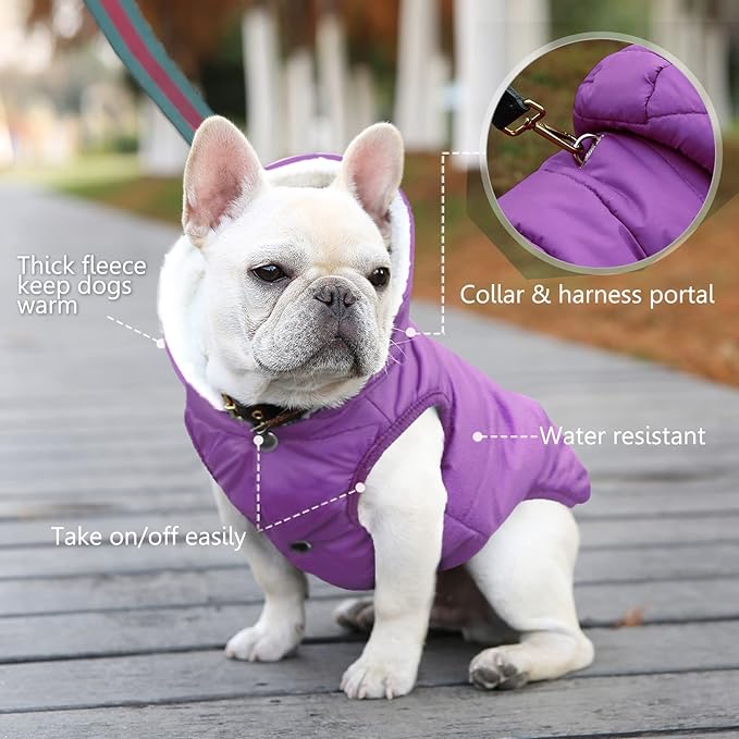 Fleece Hoodie, Windproof Waterproof Dog Coat, Winter Warm Jacket, Cold Weather Pet Apparel Clothes Vest for Small Medium Large Dogs (2XL, Purple)