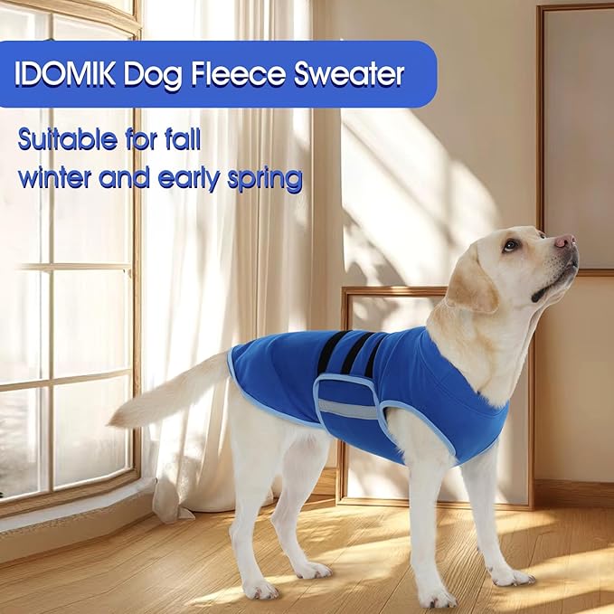 IDOMIK Warm Fleece Dog Sweater for Medium Dogs,Soft Winter Dog Fleece Jacket Coat for Fall Cold Weather,Adjustable Fleeced Vest with Reflective Strips,Pullover Pet Sweatshirt for Girl Boy Dogs,Blue,M