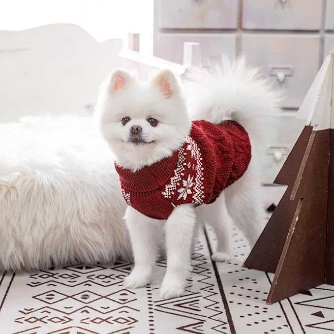 Warm Winter Pink Dog Sweater - Cold Weather Pet Clothes for Small Medium Large Dogs Indoor Outdoor, Soft Classic Knit Puppy Apparel Coat, Dark Red, S