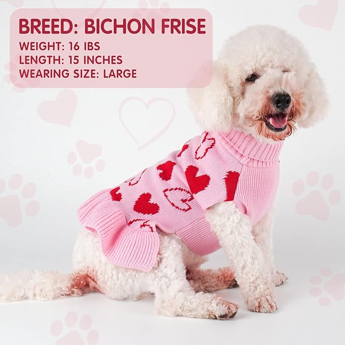 cyeollo Dog Sweaters Dress Valentines Day Dog Clothes Pullover Turtleneck with Leash Hole Heart Pattern Holiday Theme Female Pet Apparel Sweaters for Small Dogs