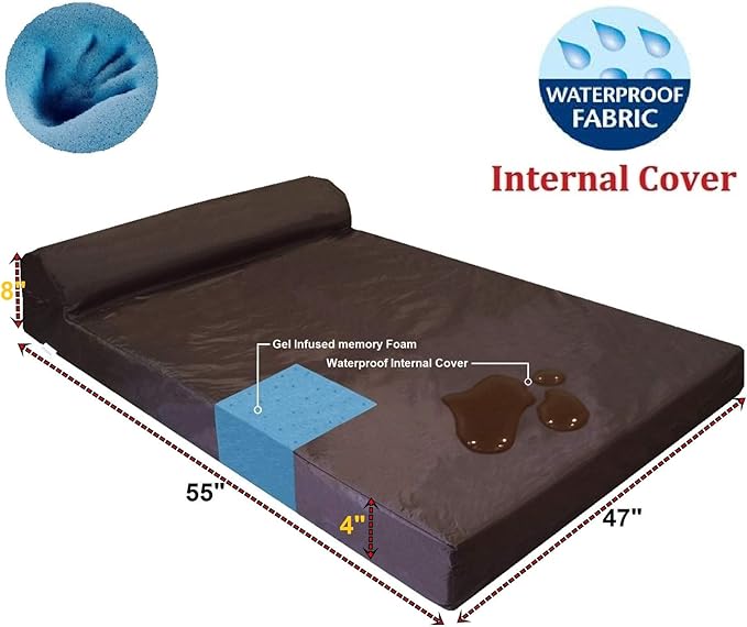 Dogbed4less Premium Head Rest Pillow Orthopedic Gel Cooling Memory Foam Dog Bed, Waterproof Liner with Microsuede Khaki Pet Bed Cover, Jumbo 55X47 Inches