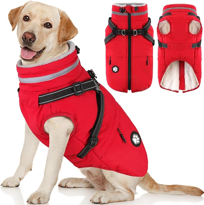 Dogcheer Dog Coat with Harness, Waterproof Dog Jacket, Christmas Puppy Winter Coat with Pocket, Reflective Doggy Turtleneck Puffer Vest for Small Medium Large Dogs - Red, 3XL