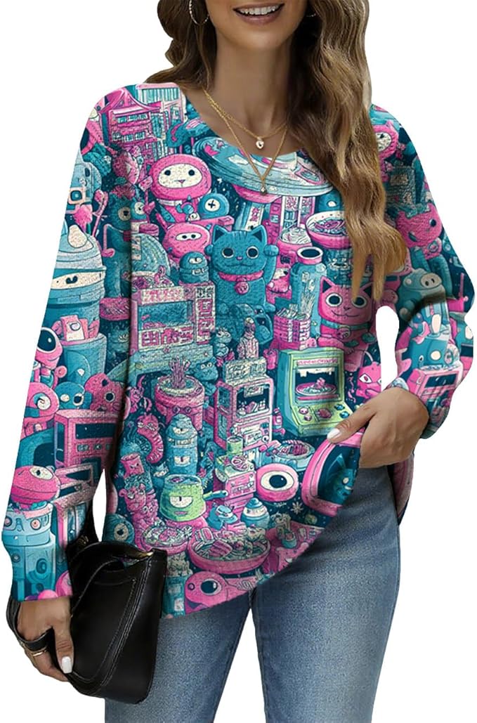 Women's Cat Printed Sweater Oversized Cable Knit Long Sleeve Christmas Clothes Casual Autumn Winter Fashion Tops