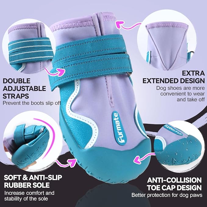 Dog Shoes for Large Small Medium Dogs,Dog Booties for Indoor Hardfloors Anti-Slip,Reflective Strip Waterproof Dog Boots & Paw Protectors for Outdoor Walking Hot Pavement,Winter Snow (Purple-4)