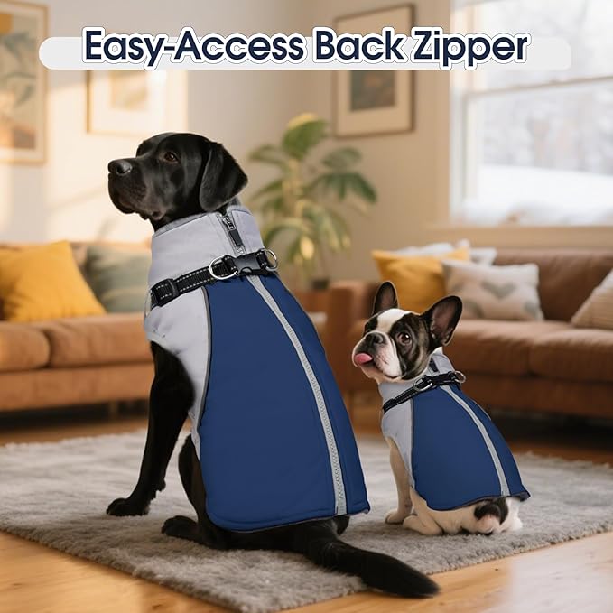 DENTRUN Dog Coat with Harness Built in, Easy On/Off Zipper Closure Winter Dog Vest, Water-Repellent Fleece Lined Warm Jacket with Reflective for Large Dogs, Dark Blue, XL
