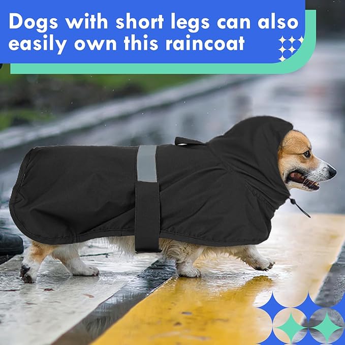 MIGOHI Dog Rain Jacket, Reflective Rain Coat for Medium Dogs | Adjustable Hind Leg Straps Rainproof, Waterproof & Windproof Coat for Rainy Days, Dog Poncho with Back Leash Hole, Black, 2XL