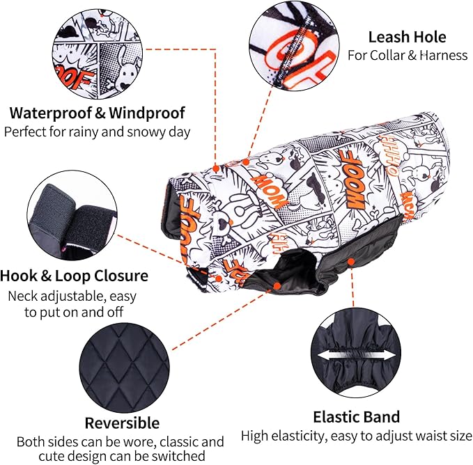 CuteBone Winter Jacket - Waterproof, Windproof, Reversible, Soft, Reversible Dog Vest - Thick Dog Cold Weather Coat - for Small to Large Dogs - Chest Size, Leash Hole