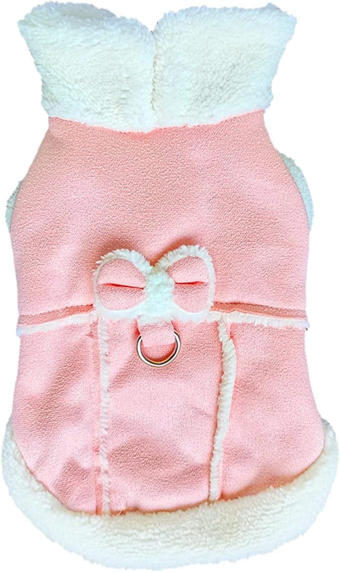 Jecikelon Bowtie Dog Cold Weather Coat Fleece Lining Warm Pet Puppy Turtleneck Dogs Winter Coats for Small Dogs Jacket with D-Ring Leash (X-Small, Pink)