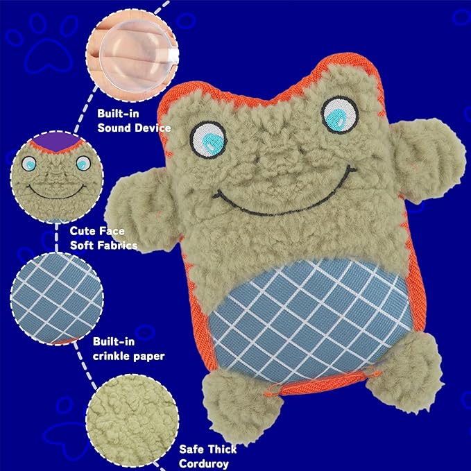 Crinkle Dog Toys Squeaky Plush No Stuffing Cute Puppy Stuffless Tough Rop Pull Toy, Fun Dog Stuffed Animals Durable Chew Set for Small Medium Large Pup (Large, Green Frog)