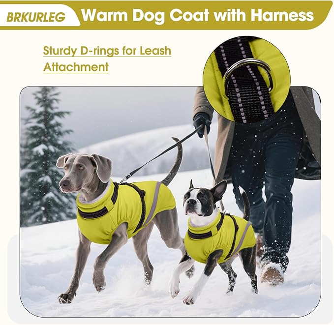BRKURLEG Dog Winter Jackets for Medium Dogs, Dog Coat with Harness Built in, Dogs Snowsuits with Zipper, Waterproof Windproof Pet Puffer Jacket Fleece Vest for Pug, French Bulldog, Green M