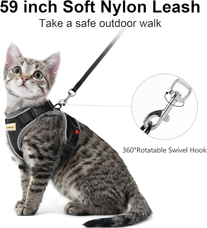 Cat Harness and Leash for Walking, Retractable Cat Harnesses and Leash Set Escape Proof, Breathable Soft Kitten Small Large Harness for Travel Training and Walking, Black, M
