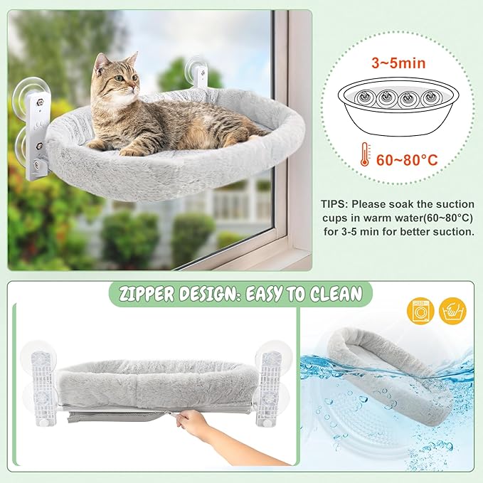 Sunhoo 2PCS Cat Window Perch Hammock Cordless Kitty Sunny Bed Seat Window Sill Shelf for Inside Cats Foldable Lounger with 4 Strong Suction Cups Soft Plush Cover 21 * 11.8 in Holds up to 40lbs (Grey)
