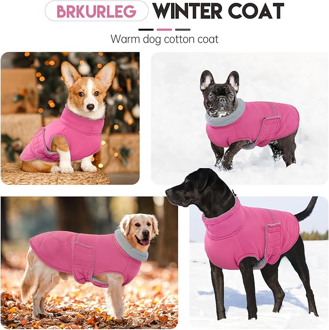 BRKURLEG Dog Winter Jacket, Warm Dog Winter Coats for Small and Medium Large Dogs, Reflective Adjustable Pet Cold Weather Coats, Waterproof Dogs Snow Jacket Clothes Fleece Vest (XL, Rose Red)