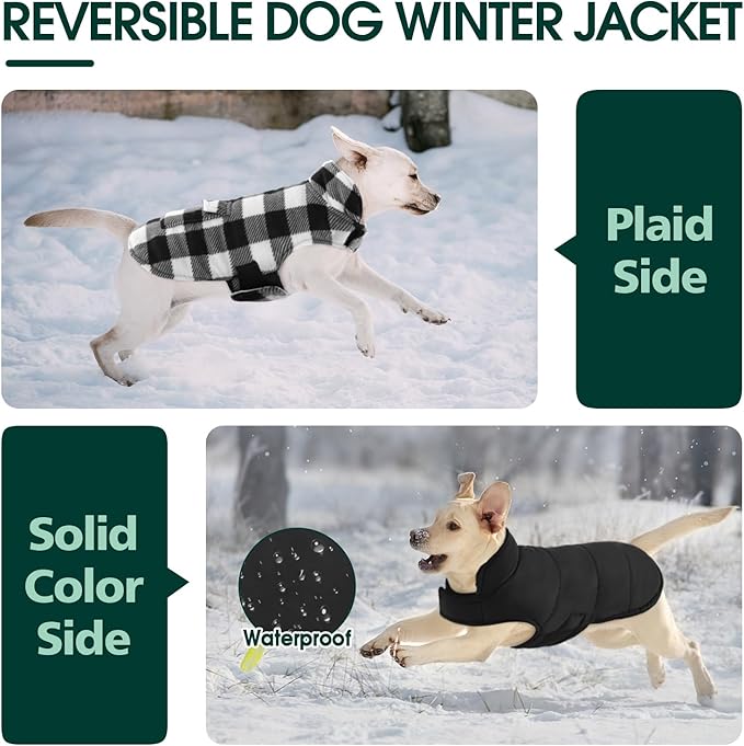 Kuoser Dog Winter Coat, Windproof Dog Fleece Jacket British Style Plaid Cold Weather Doggie Vest Coats, Reversible Cozy Warm Pet Clothes Apparel for Extra Large Size Dogs XXL