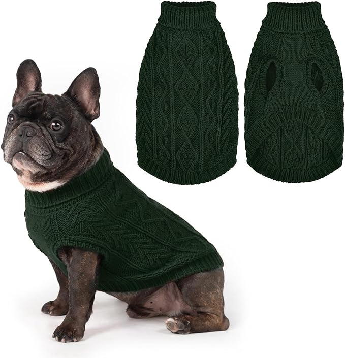 PUPTECK Dog Sweater, Turtleneck Warm Knitted Pullover Coat, Thick Cable Knitwear Clothes in Winter, Pet Apparel Outfits for Small Medium Dogs, for Cold Weather Indoor & Outdoor, Deep Green SM