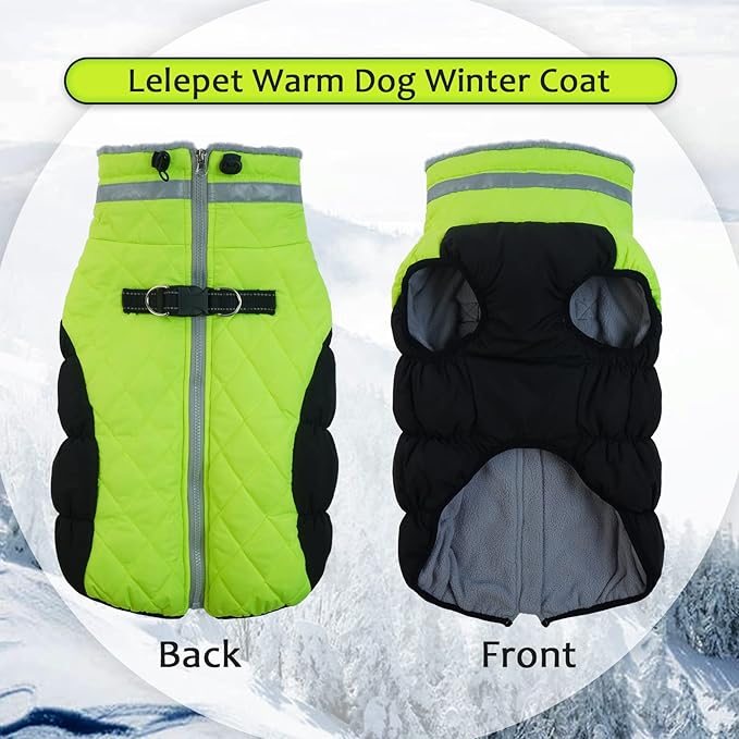 LeLePet Warm Fleece Dog Jacket, XX-Large, Lime, Adjustable, Reflective, Water-Resistant, Windproof, Turtle Neck, for Small Medium Large Dogs