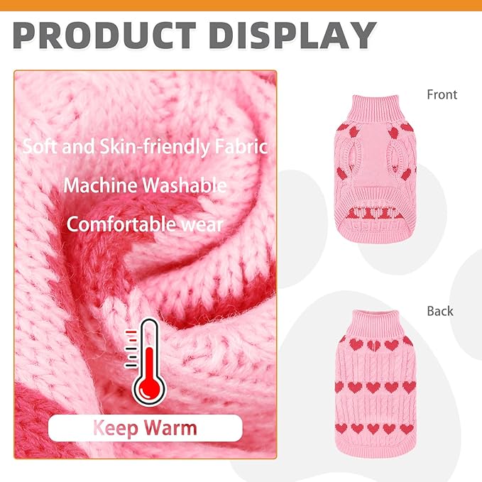 KOOLTAIL Cable Knit Dog Sweater Turtleneck, Cold Weather Pullover Classic Knitwear, Snowflake Pattern Thick Warm Winter Pet Clothes,Dog Christmas Sweater for Small Medium Large Dogs,Pink Heart SM