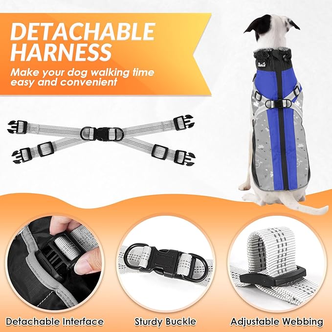 SlowTon Dog Jacket with Harness Built in - Waterproof Fleece Winter Warm Dog Coats for Small Medium Dogs, Reflective Adjustable Furry Puppy Vest Clothes for Outdoor Walking (Blue,M)