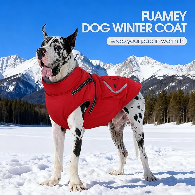 FUAMEY Dog Harness Coat 3X Large, Winter Jacket for Dogs Cold Weather Vest Reflective Strips, Warm Doggy Clothes Winter Suit Waterproof, Cozy Outfits for Large Doggies, Golden Retriever (Red, 3XL)