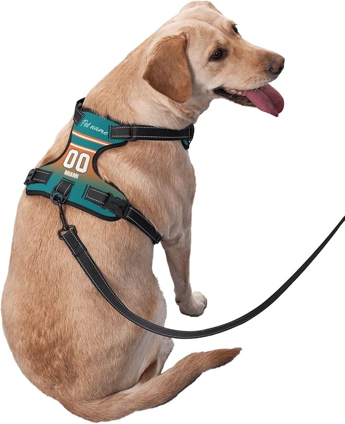 Custom Miami Dog Harness with Reflective Stripes Personalized Name and Number Dog Vest Harness with Pet Traction Rope for Small Medium Large Dog