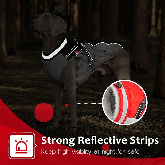 Dog Winter Coat with Harness, Dog Jacket, Pet Clothes with Zipper on Back, Waterproof Windproof Warm Vest, Reflective Cold Weather Coats, for Small Medium Large Dogs, Thick, Red, 3XL