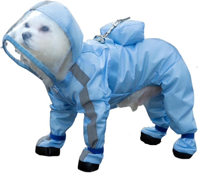 Full Coverage Small Dog Raincoat, Waterproof with Four-Leg Protection, Ideal for Teddy Bears, Includes Waterproof Mini Backpack (Blue, X-Small(Suggest Weight 1.3-3.3lb))